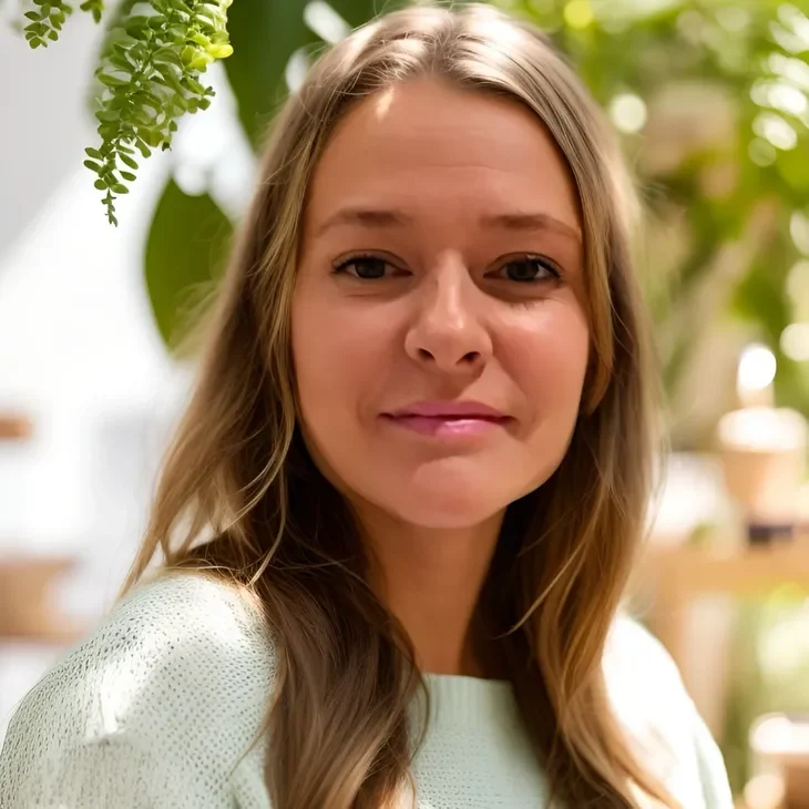 A young woman with long hair, smiling, surrounded by green plants.